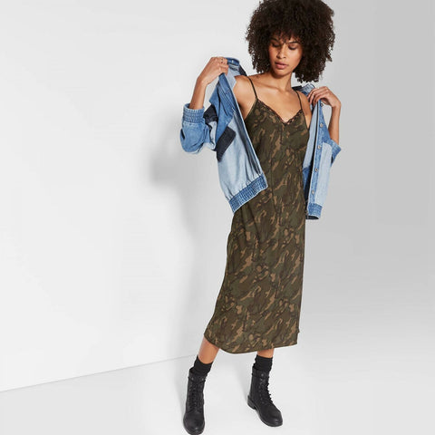 Wild Fable Women's Camo Print Sleeveless V-Neck Midi Slip Dress