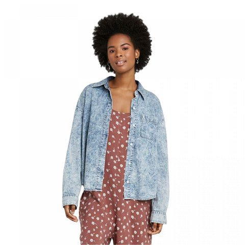 Wild Fable Women's Long Sleeve Acid Wash Button Down Shirt