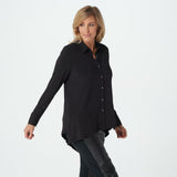 H by Halston Jet Set Asymmetric Hem Button Front Knit Shirt Black Plus 3X
