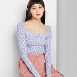 Wild Fable Women's Floral Print Long Sleeve Square Neck Blouse