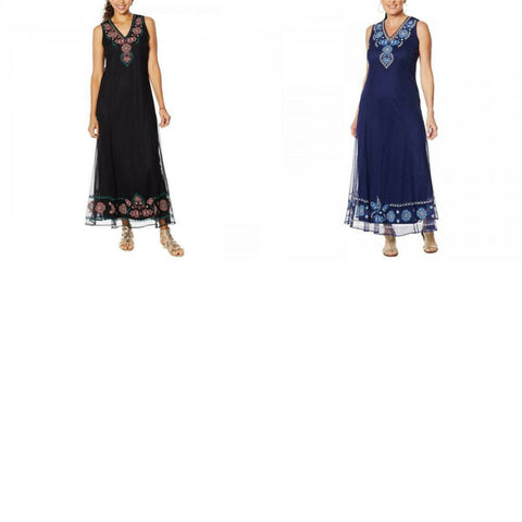 Curations Women's Embroidered Mesh Maxi Dress With Slip