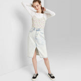 Women's Split Front Acid Wash Knee Length Jean Skirt