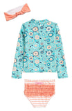 RuffleButts Girl's Island Dream Two-Piece Rashguard Swimsuit & Head Wrap Set