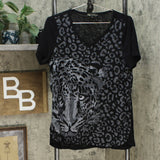 DG2 by Diane Gilman Burnout Printed Embellished Top Black Animal Small
