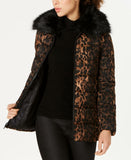 Tahari ASL Women's Leopard Print Puffer Coat With Faux Fur-Collar