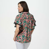 Laurie Felt Women's Butterfly Sleeves Button Front Blouse Coral Floral XL