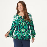 Dennis Basso Printed Caviar Crepe Top With Keyhole Navy /Green 2X