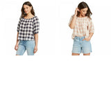 Universal Thread Women's Plaid Bubble 3/4 Sleeve Round Neck Top
