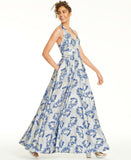 Speechless Juniors' Metallic Floral Brocade Halter Gown Blue / Gold 15