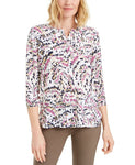 JM Collection 3/4-Sleeve Printed Pleat Back Blouse Pink Dahlia Small