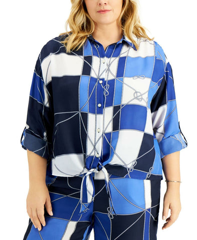 Charter Club Plus Size Nautical Roll Tab Button Tie Front Blouse
