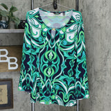 Dennis Basso Printed Caviar Crepe Top With Keyhole Navy /Green 2X