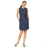 Lemon Way Women's Belted Sleeveless Stretch Denim Button Down Shirt Dress