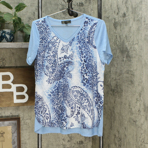 DG2 by Diane Gilman Burnout Printed And Embellished Top Blue Multi Small