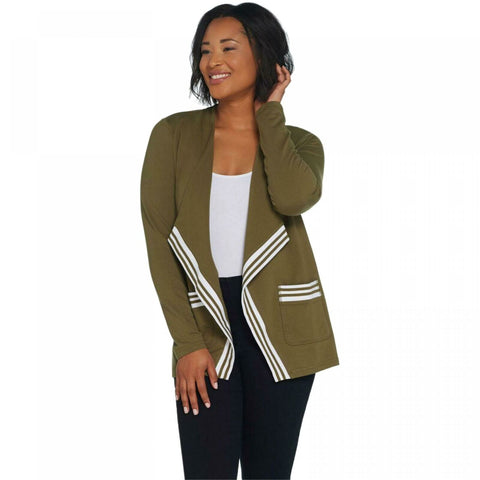 Denim & Co. Women's Plus Size Active Stripe Rib Trim Open Front Knit Jacket