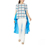 DG2 by Diane Gilman Dramatic Hi Low Printed Crepe Colorblock Tops Blue XS