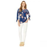 DG2 by Diane Gilman Women's 3/4 Tie Sleeve Printed Striped T-Shirt Navy Plus 1X