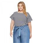 Ava & Viv Women's Plus Size Striped Pleated Sleeve Crewneck Relaxed T-Shirt