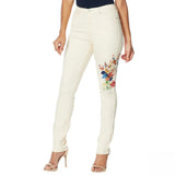 DG2 by Diane Gilman Classic Stretch Floral Applique Skinny Jeans 6 Tall Cream