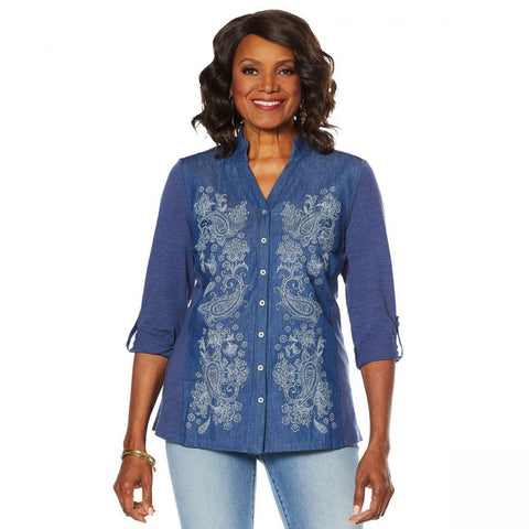 DG2 by Diane Gilman Women's Embroidered Mixed Media Denim Top