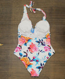 Cupshe Women's Bold Floral and Stripe Halter One Piece Swimsuit