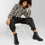 Wild Fable Women's Animal Print Hooded Sherpa Sweatshirt Black Large