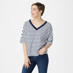 Rachel Hollis Women's Relaxed V Neck Stripe T-Shirt Navy 2X