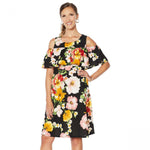 Slinky Brand Women's Printed Fit and Flare Ruffle Overlay Knit Dress