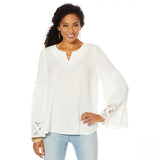 DG2 by Diane Gilman Women's Flare Sleeve Top With Crochet Trim White Medium