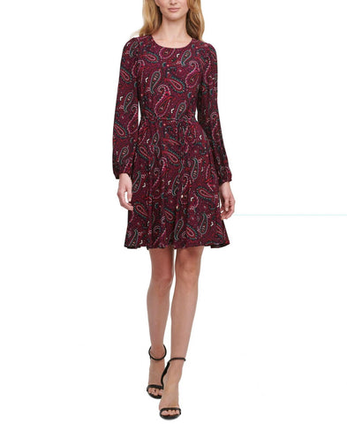 Tommy Hilfiger Womens Belted Paisley-Print Fit & Flare Dress