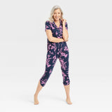 Stars Above Women's Soft Floral Print Notch Collar Cropped Pajama Set Blue M