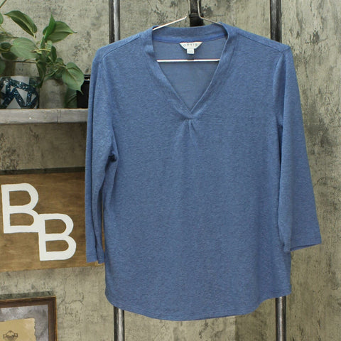 Orvis Women's 3/4 Sleeve V Neck Linen Blend T-Shirt Moonlight Blue Small