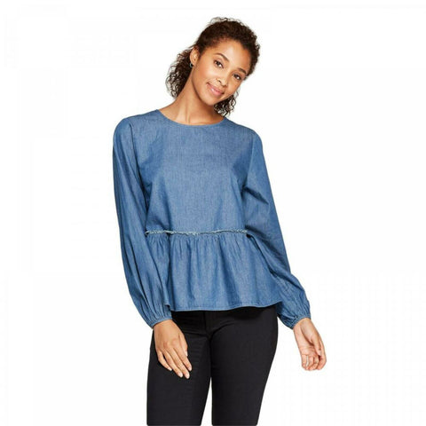 Universal Thread Women's Long Sleeve Chambray Peplum Blouse Shirt Top