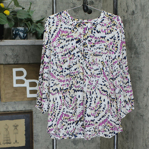 JM Collection 3/4-Sleeve Printed Pleat Back Blouse Pink Dahlia XXL