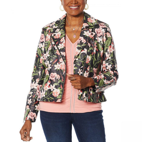 Colleen Lopez Women's Effortlessly Edgy Printed Faux Leather Moto Jacket