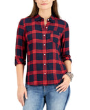 Tommy Hilfiger Women's Roll-Tab Plaid Utility Shirt Red / Blue Medium