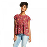 Xhilaration Women's Floral Peplum Short Sleeve Lace-Up Blouse Shirt Top