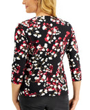 Karen Scott Petite Floral 3/4 Sleeve Split Neck Knit Henley Top