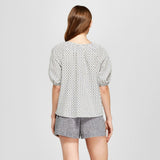 A New Day Women's Printed Short Bubble Sleeve Tassel Blouse Shirt Top