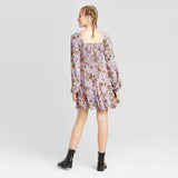 Xhilaration Women's Floral Long Sleeve Square Neck Smocked Top Mini Dress