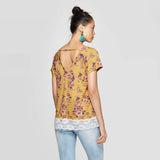 Xhilaration Women's Short Sleeve V-Neck Floral Lace Trim T-Shirt
