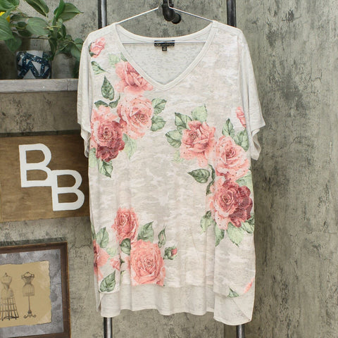 DG2 by Diane Gilman Plus Size Burnout Printed Embellished Top Khaki Camo 2X