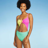 Xhilaration Juniors' Ribbed Colorblock Tie-Front One Piece Swimsuit Multi L
