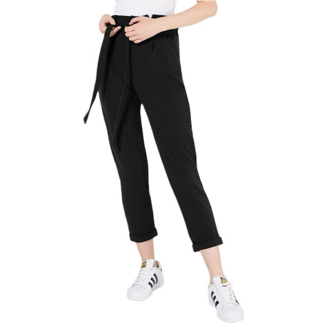 Almost Famous Women's Junior Fit Cropped Solid Paperbag Pants