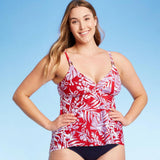 Kona Sol Women's Square Neck Sharkbite Hem Tankini Top Red L