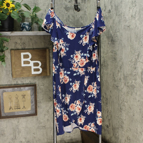 Monteau Trendy Plus Size Printed Sweetheart Dress Navy Floral 3X