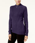Karen Scott Petite Marled Button Neck Cable Knit Sweater