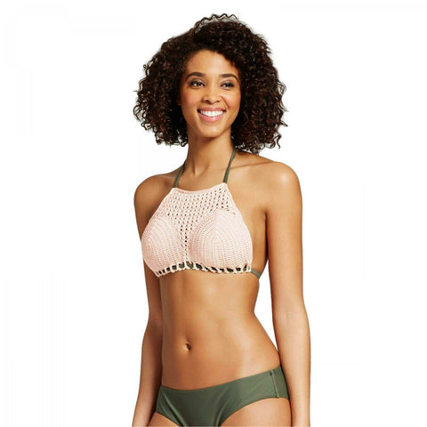 Xhilaration Women's Crochet High Neck Bikini Swim Top Pink Medium