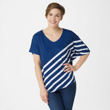 Elizabeth & Clarke Plus Striped Asymmetric Hem Tunic Top Navy 1X