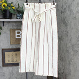 A New Day Striped High-Rise Tie Waist Cropped Wide Leg Pants Cream / Tan Brown L